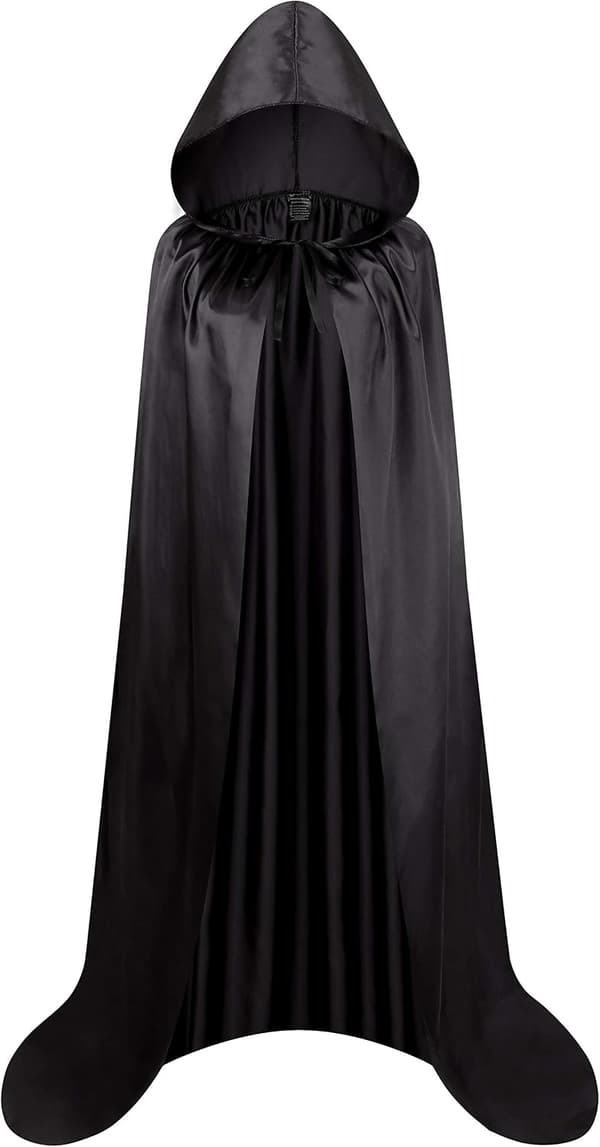 Sort lang kappe med hætte, satin, middelalder vampyr heksekostume, 150 cm 150CM
