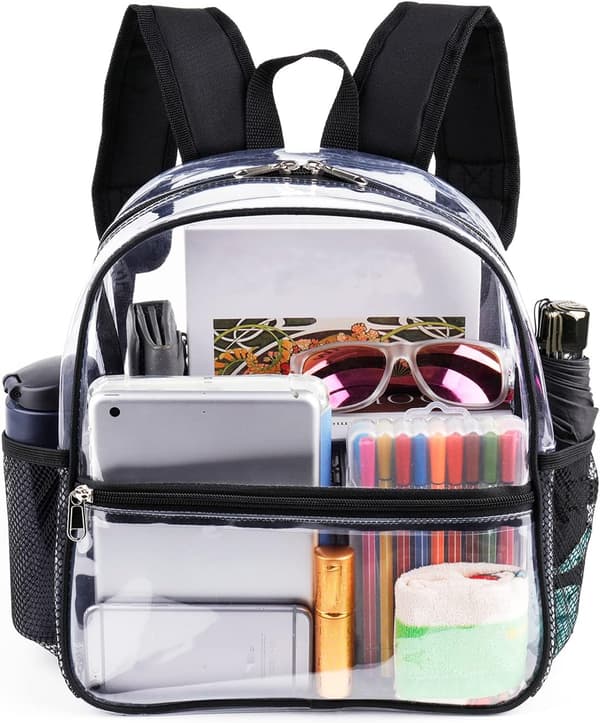 Mini Clear Backpack 12x12x6 Stadium Approved Plastic Backpack, Black, Sport