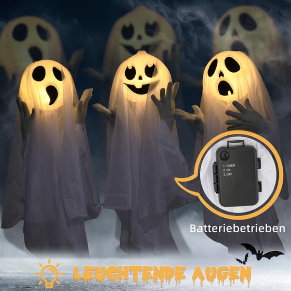 Halloweendekoration – 3 lysende spøgelser, bevægelsessensor, 54x10x60 cm