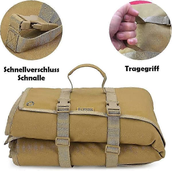 Extra Stor Vikbar Skjutmatta med Vaddering för Liggande Skytte, Med MOLLE-vävsystem och Två Tillbehörsfickor, Tan MOLLE-stil