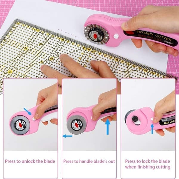 4-piece rotary cutter for fabric with ergonomic handle, safety lock and 20 sewing clips