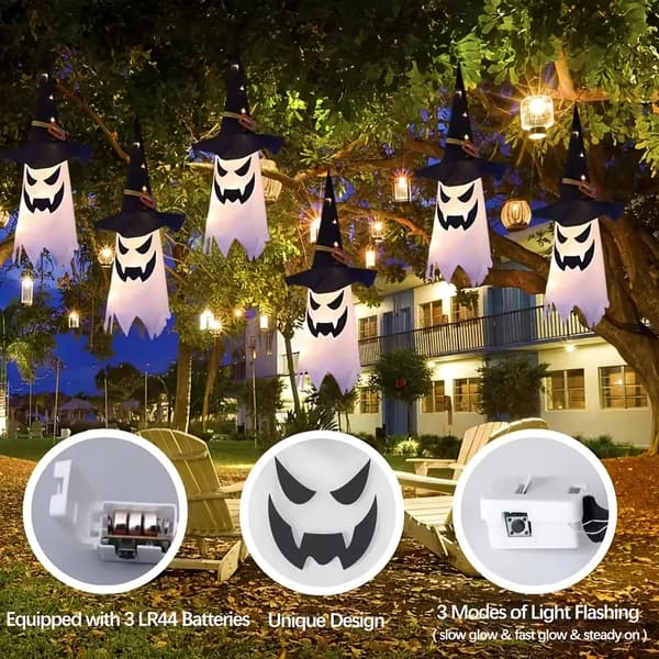Halloween Hanging Decorations Set – LED Ghost & Witch Hat Lanterns for Outdoor Festive Display Warm White Warm White