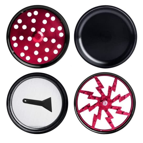 Grinder Pollinator Window - Blixt - Urte-, krydderi- og tobakskværn i aluminium - 60 mm diameter - 4 dele - Sort og rød - Gaveidé