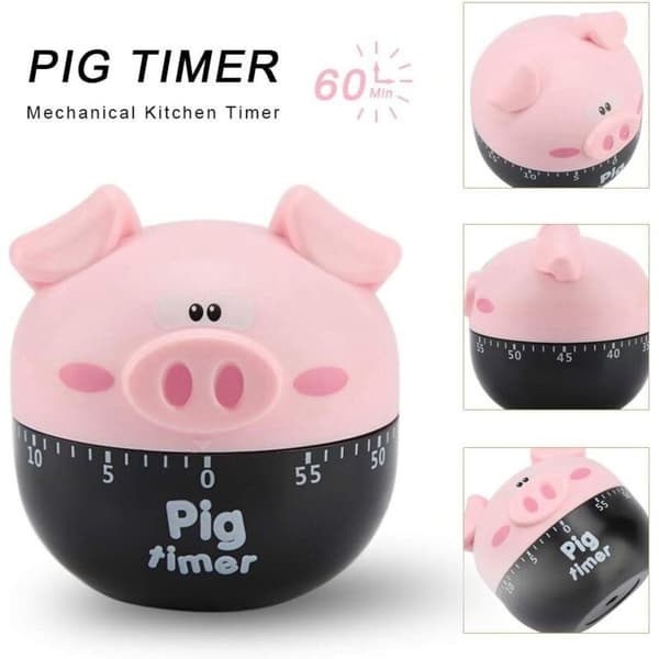 Mekanisk kökstimer i tecknad grisform, 1-55 min, ABS, Rosa