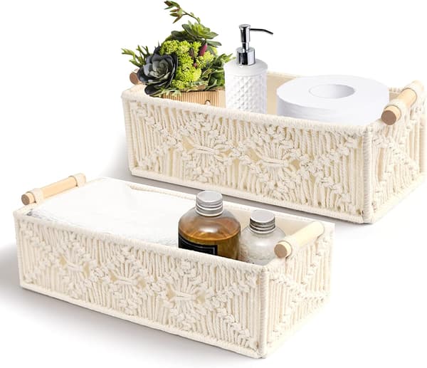 2-piece Storage Basket Set for Shelves (Ivory) Tassel Edge Woven Basket