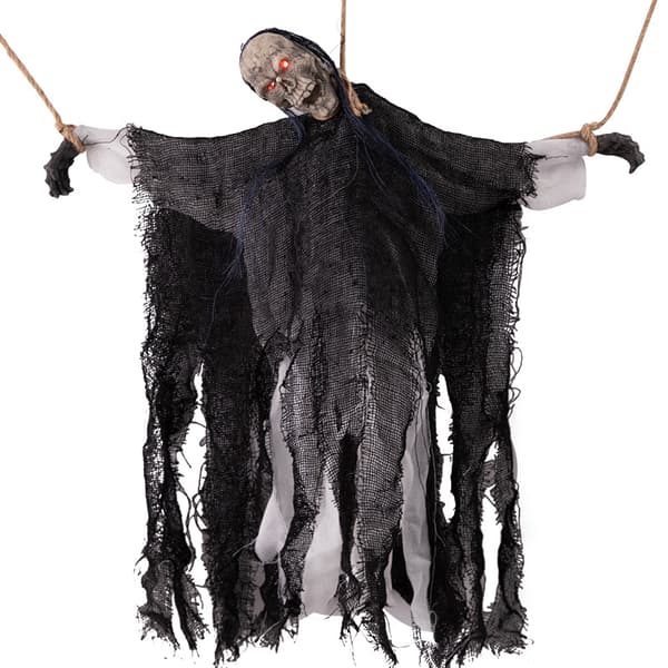 Halloween hængende spøgelse med røde LED-øjne og skrig, sort med 3 reb