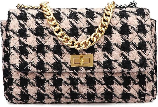 PU-læder Sort og Hvidt Houndstooth Dame Skuldertaske A