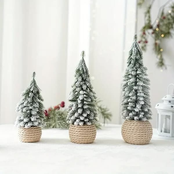 Mini Artificial Christmas Trees - IHABOR - 4-Piece Set - Snowy Branches - Linen Style Pots - 16-30 cm