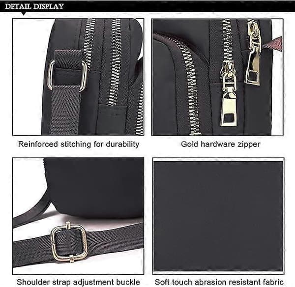 Crossbody-taske til kvinder, nylon-skuldertaske med justerbar rem, sort