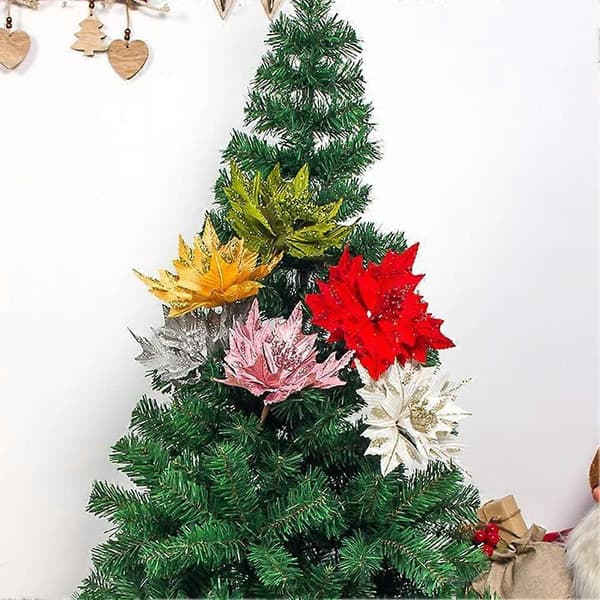 6 st Silk Poinsettias Glitter Röd