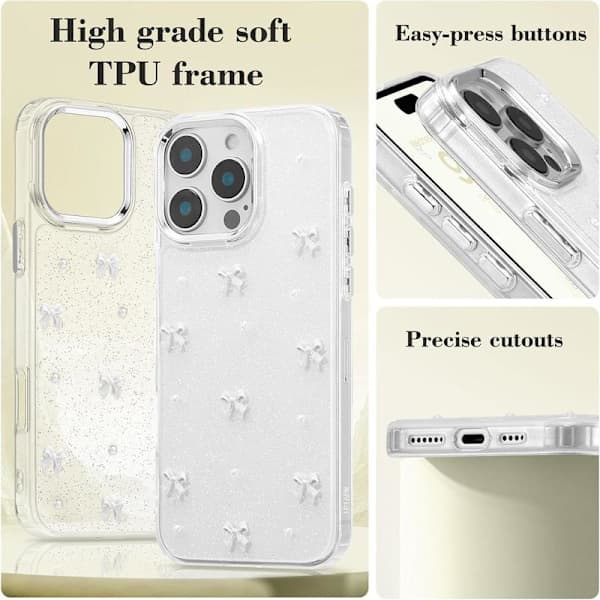 Compatible with iPhone 16 Pro Max, Bling Glitter 3D Bow Phone Case Sparkling Crystal Clear Bow Slim Soft Durable Protective Cover White 16 Pro Max White 16 Pro Max