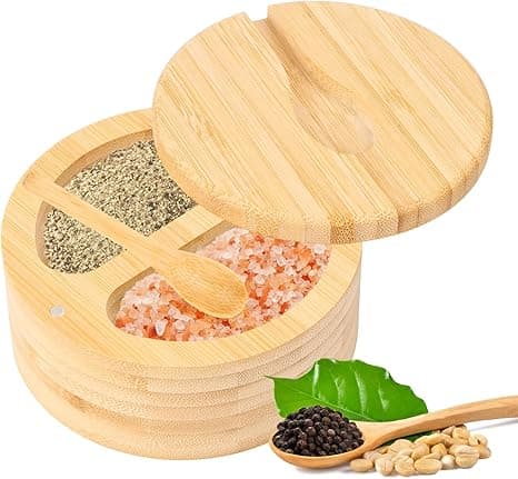 Bamboo Salt Box, Salt Container with Magnetic Swivel Lid and Spoon, 2 Compartments
