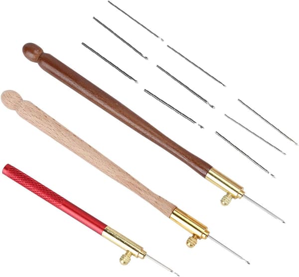 Broderinåler, 3 stk i rustfritt stål med trehåndtak, for broderi, perling og paljetter