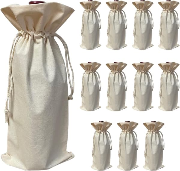 (12-pack) Naturliga bomullscanvaspåsar för vinflaskor med dragsko