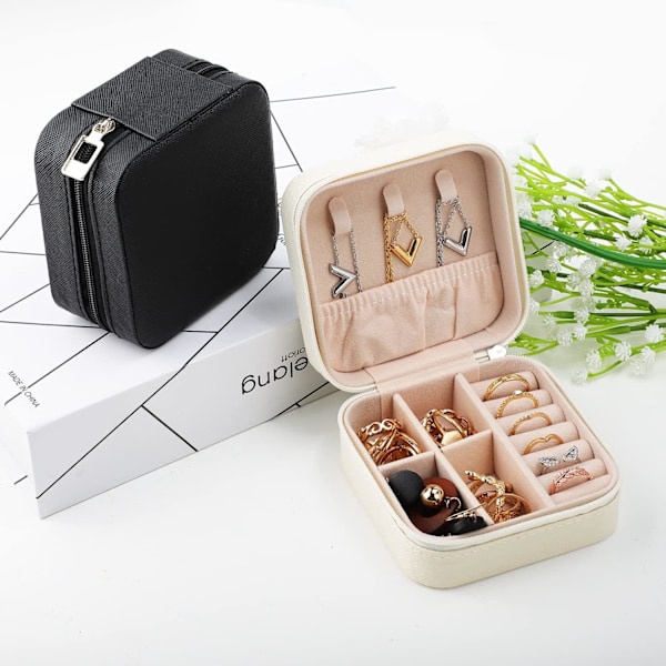 Hvidt transportabelt mini smykkeskrin i læder til rejser, smykke ring organiser