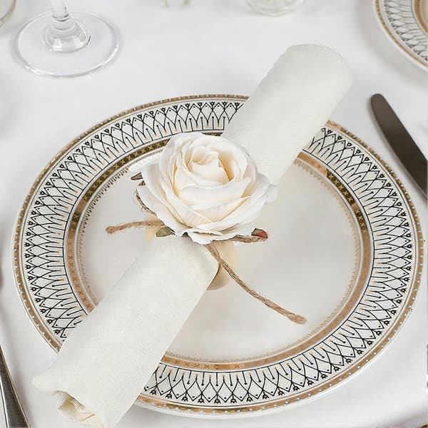 Jute Rope Napkin Ring with Rose – Artificial Flower and Rustic – for Weddings and Farmhouse – Solid Wood