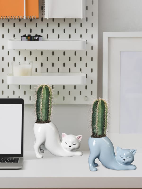 Lekande katt vit 1 st kattsvanspelare blomkruka keramisk suckulent kaktus