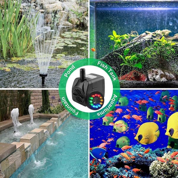 LED-oplyst springvandspumpe med farveskiftende LED-lys til akvarier, statuer og havedamme