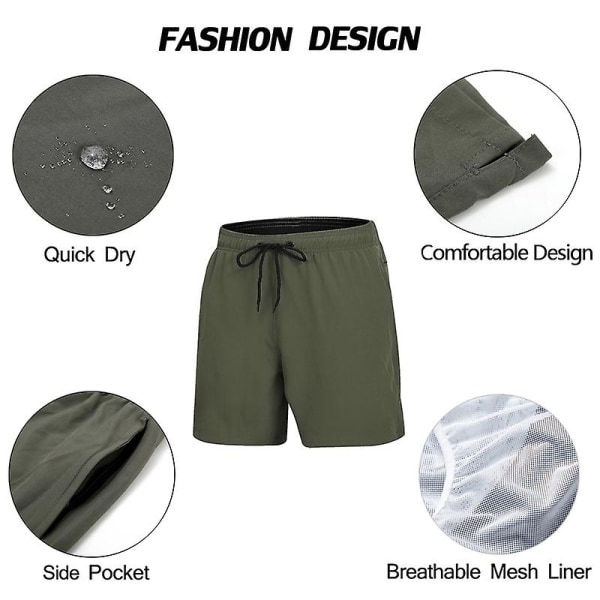 Stretchbadbyxor för män 2023 Quick Dry strandshorts med dragkedjefickor och mesh Army Green L