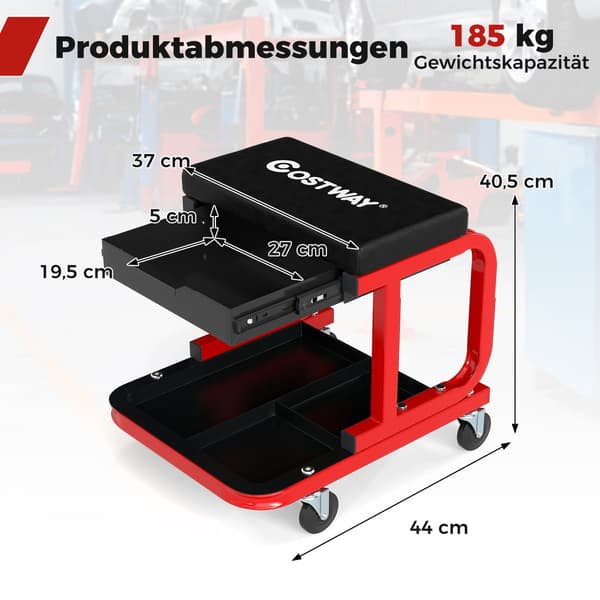 Værkstedsskammel med hjul, 185 kg kapacitet, sort