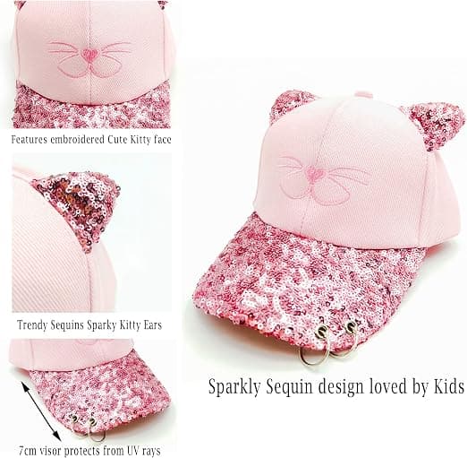 Søt katt-baseballcaps med paljetter (52-55 cm), solskjermingscaps for barn