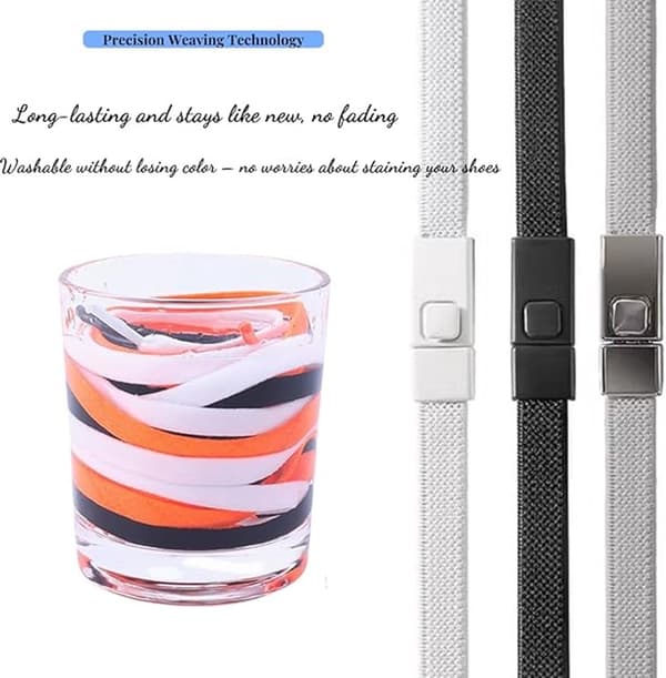 Elastic No-Tie Shoelaces - Locking Stretchy Flat Laces with Buckle for Sneakers, White, 100 cm