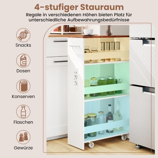 Smal oppbevaringsvogn med ladestasjon – 4 etasjer, rustikk brun