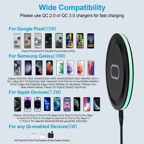 Trådløs oplader 15 W Samsung Galaxy S24 S23 S22 S21 iPhone 15 14 Sort