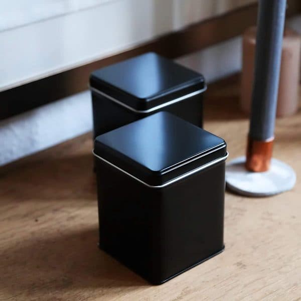 x Classic Square Storage Tin/Tea Caddy, STACKABLE, Aroma-Proof, Metal, | 9.2 x 7.8 x 7.8 cm (H,W,D) | Ideal as a Coffee or Spice Jar, Black