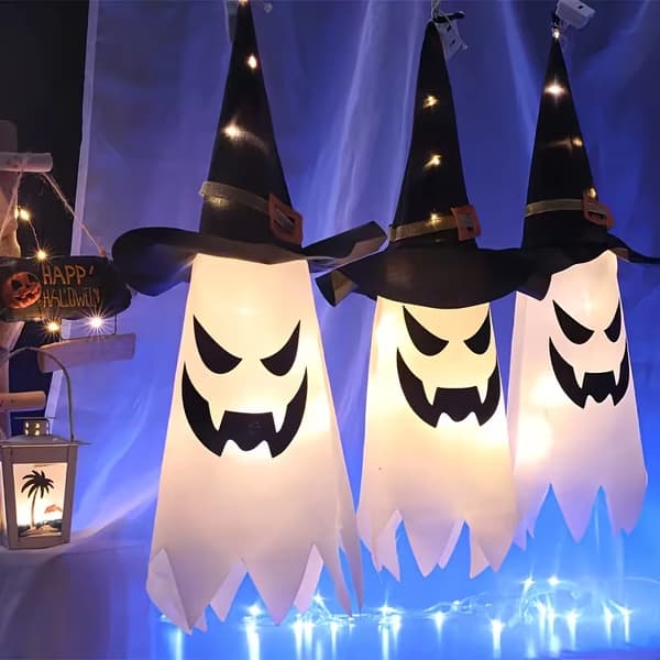 Halloween Hanging Decorations Set – LED Ghost & Witch Hat Lanterns for Outdoor Festive Display Warm White Warm White