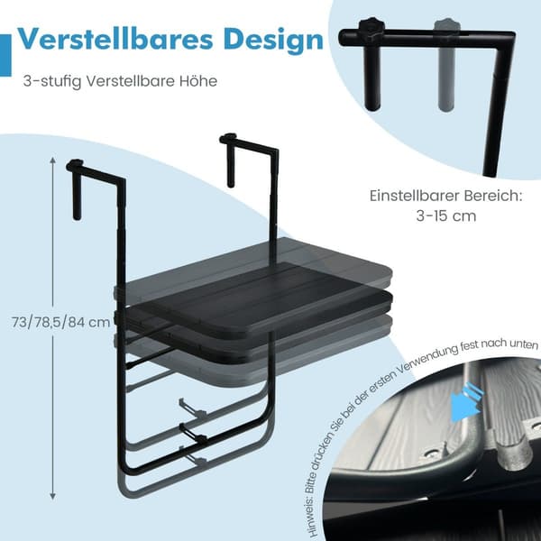 Fällbart räckesbord hängbord för inom- och utomhusbruk svart