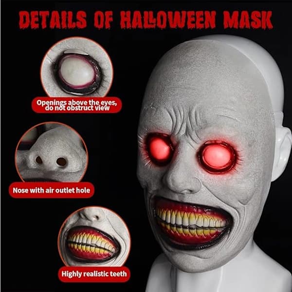 Halloweenmaske til kvinder og mænd, gummi, lysende røde øjne