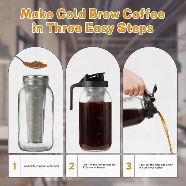 64oz Cold Brew Coffee Maker, 2 Quart Thick Mouth with Extra Tight Stainless Steel Filter (Black)
