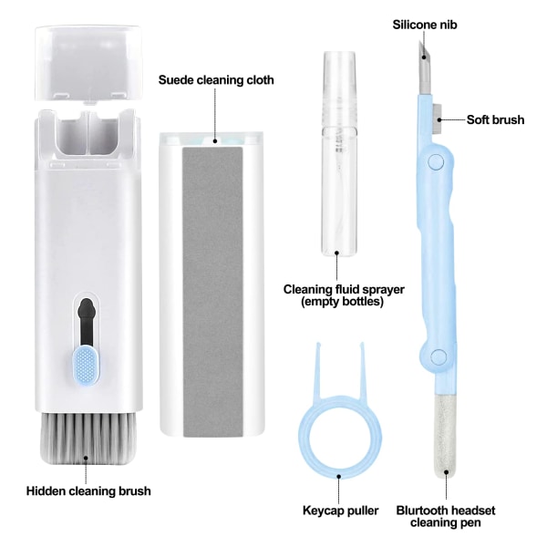 7-i-1 elektronisk rengøringssæt, tastaturrenser, laptop rengøringssæt til skærm, mobiltelefon, Bluetooth, headset, laptop kamerobjektiv Blue