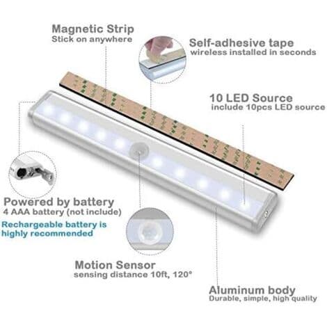Set of 3 Wireless LED Motion Sensor Lights - 10 LEDs - Detection Range up to 3 Meters - Tool-Free Installation - Under Cabinet Lighting