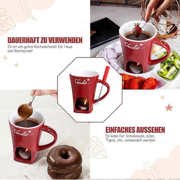 Chokladfonduekopp med gaffel och värmeljus, röd keramik red