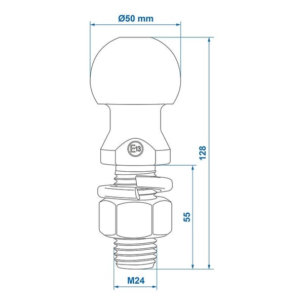 Rett tilhengerkule M24 x 55mm E-type godkjent