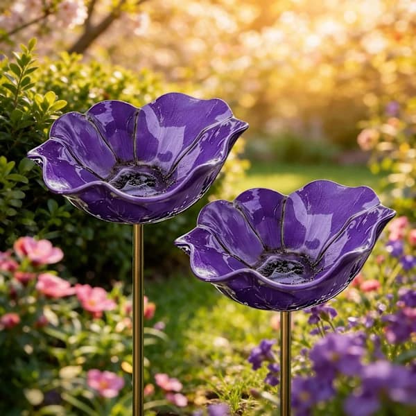 Sæt med 2 metalfuglebad i blomsterform, håndlavet bi- og sommerfuglefoder til have og terrasse, lilla 8 cm 8cm Purple