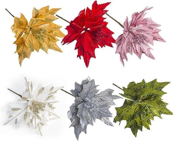 6 stk. Silkepoinsettia med glitter, rød