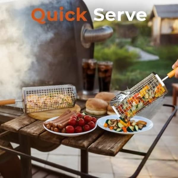 Hexagonal Rolling Grill Basket Set, 2 Stainless Steel Grill Baskets with Detachable Wooden Handles, Large and Small Stackable Design for Outdoor Use