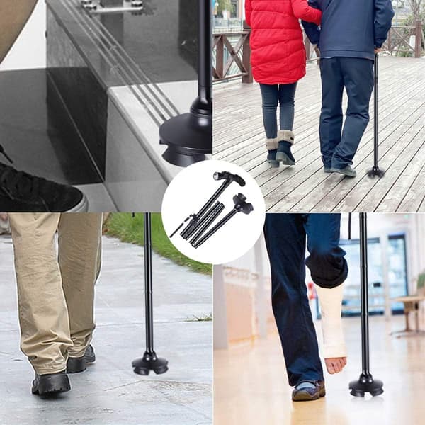 Black 1-piece folding cane with LED light, ergonomic gel handle, aluminum
