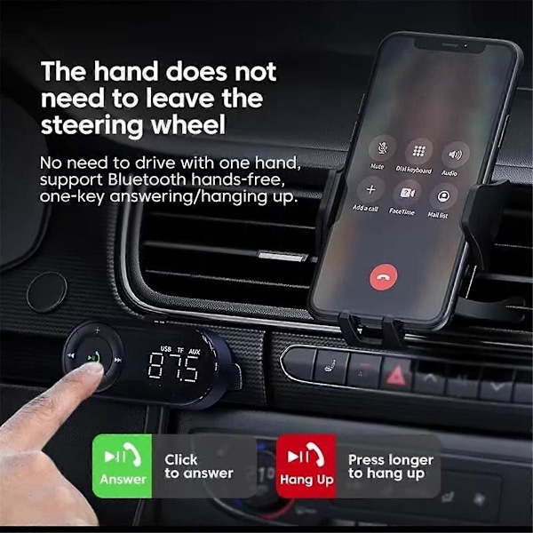 Bluetooth 5.2 FM Lähetin-vastaanotin autoon, Bass Stereo HiFi Audio Bluetooth -autoadapterin tuki