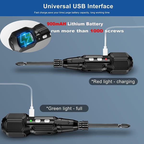 3,6 V elektrisk skrutrekker, oppladbar, 6,35 mm dobbelthodebit med LED-lys og USB-ladekabel