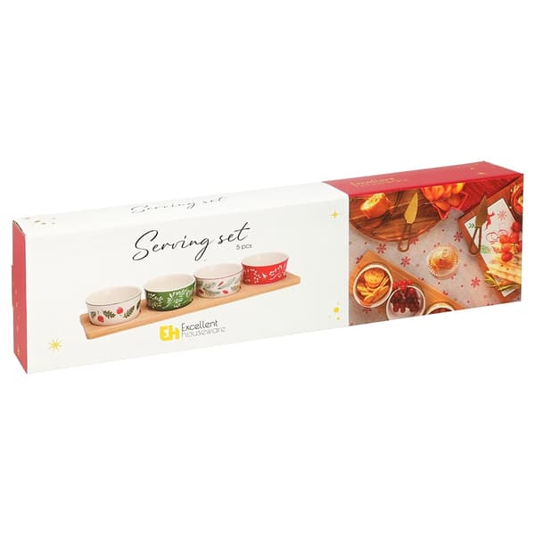 Snackskålsæt i porcelæn med bambusbakke – 5 dele