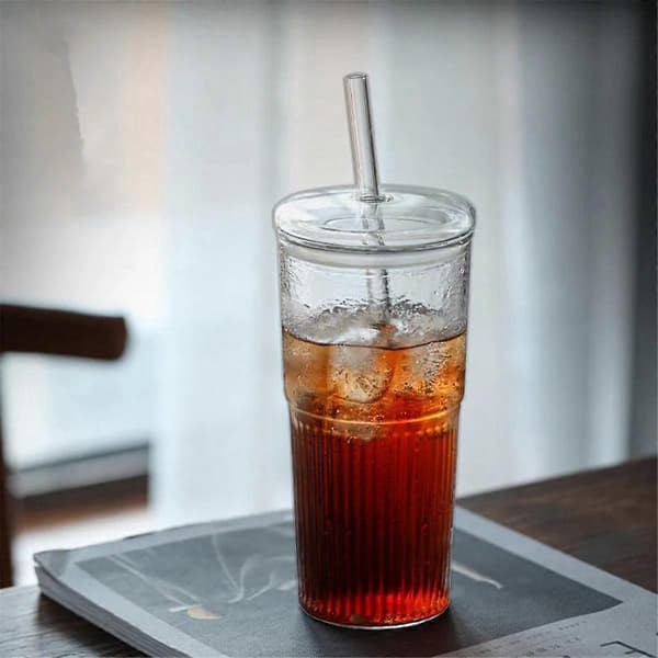 600 ml glaskopp mjölk kaffekopp med lock och sugrör transparent rand vattenkopp mugg dricksglas-FA-