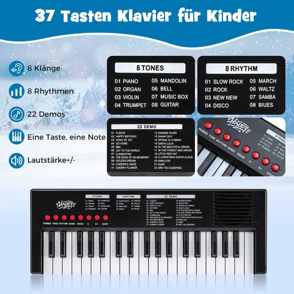 Børnekeyboard, 37 tangenter, 8 rytmer og lyde, sort