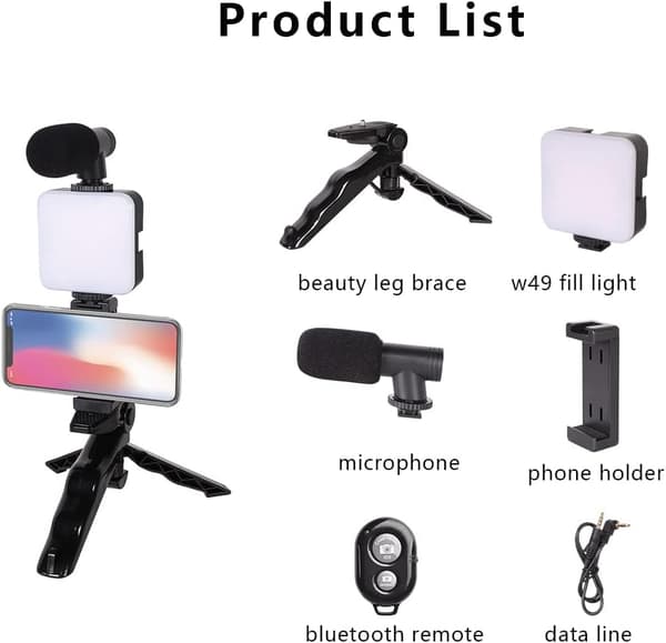 Samadex Videomikrofon Vlogging Kit - Bærbart studie-videooptagelsessæt med foldbart mikrofonstativ og selfiestick, til smartphone og kamera