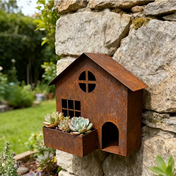 3D Smidesjärn Husplanterare - Rustik Blomfat för Suckulenter - Utomhus Trädgårdsdekor Rusty House Flower Pot
