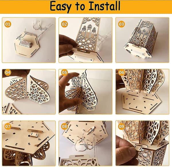 3 deler DIY Ramadan-trelys LED-lampe Mubarak Ramadan-dekorasjoner