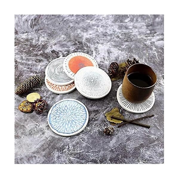 Set of 6 Drink Coasters Absorbent Round Ceramic Stone Coasters with Cork Base Table Surface Protection As Shown